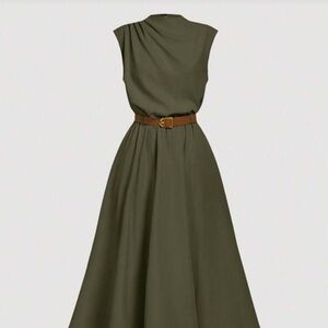 Veloura Olive Green Belted A-Line Midi Women’s Summer Dress Elegant High Waist